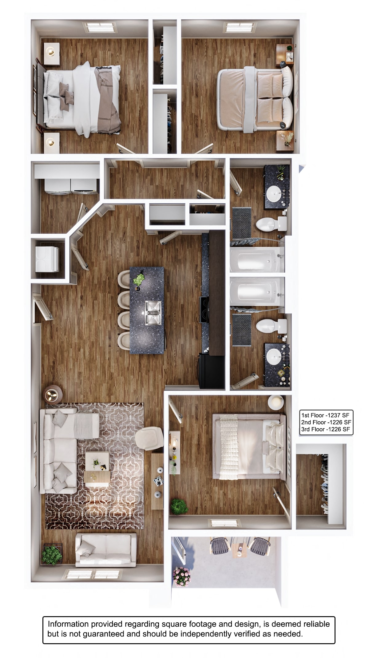 Floor plan for 3 beds, 2 baths, 1237 sqft
